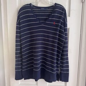 Polo Ralph Lauren Women's Linen Navy Striped V-Neck Sweater L Hi-Low Side Slit